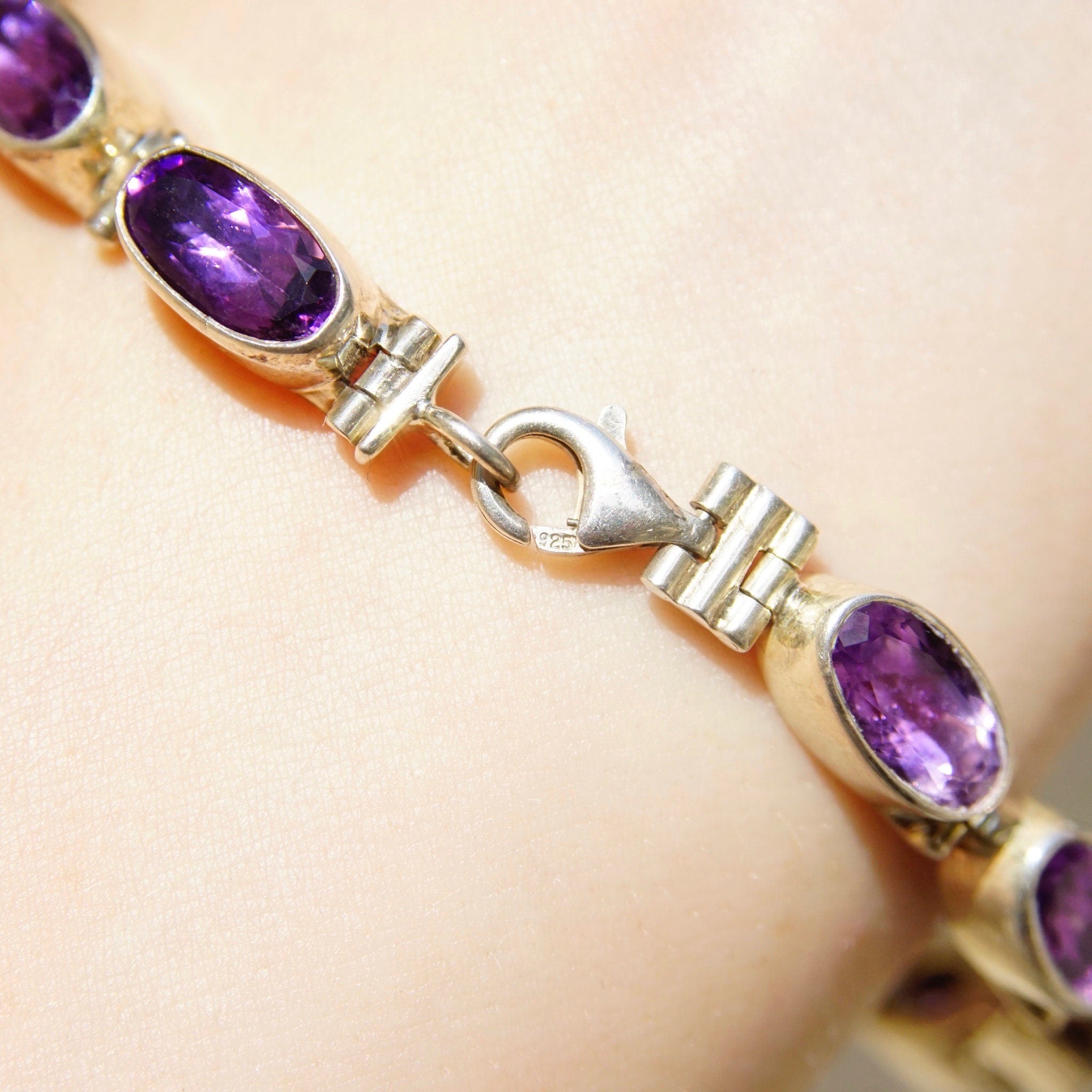 Vintage Sterling Silver Amethyst Tennis Bracelet, Oval Cut Amethyst Stones, Bezel Set Gemstone Bracelet, Signed INDO KC 925, 8" Long