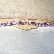 Vintage Sterling Silver Amethyst Tennis Bracelet, Oval Cut Amethyst Stones, Bezel Set Gemstone Bracelet, Signed INDO KC 925, 8" Long