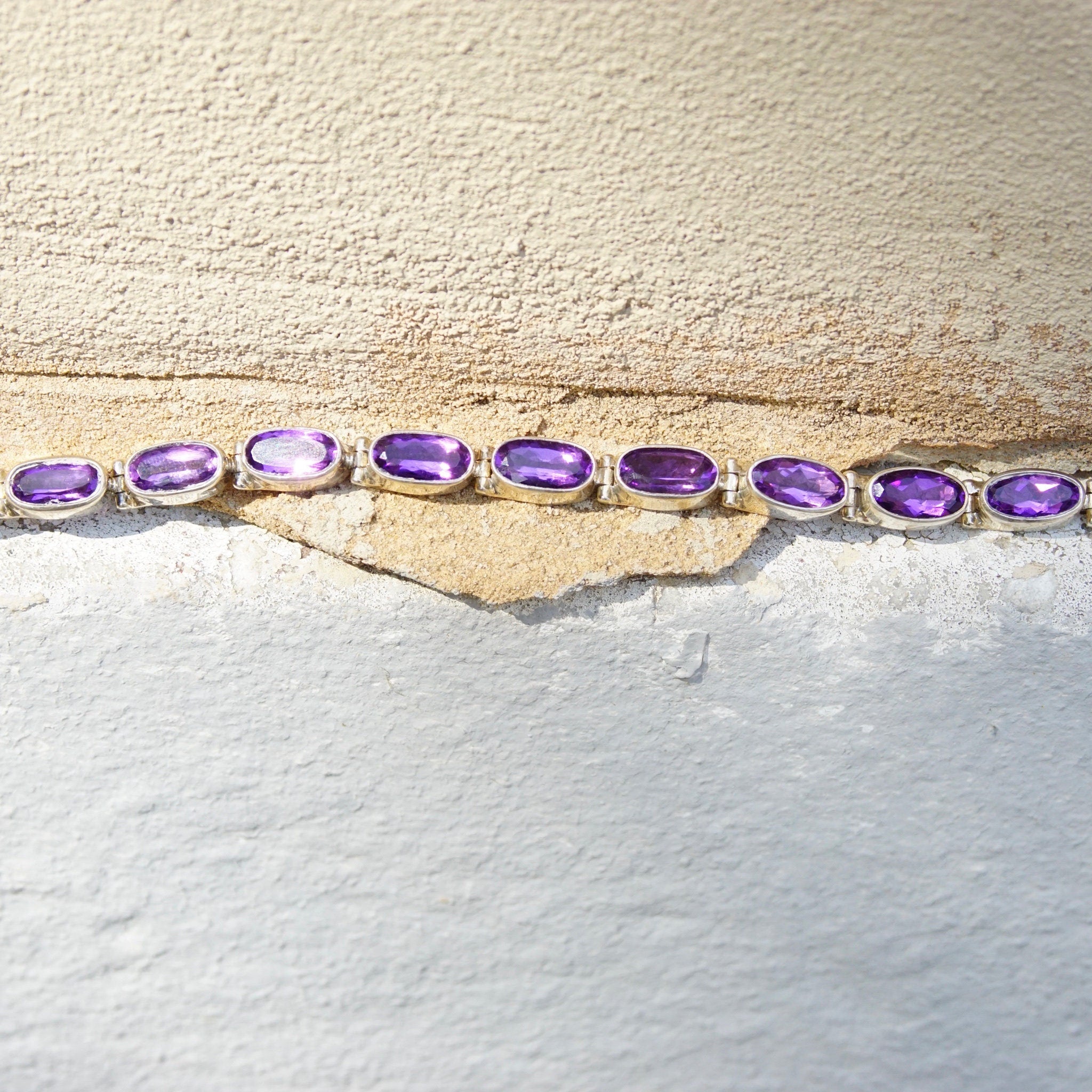Vintage Sterling Silver Amethyst Tennis Bracelet, Oval Cut Amethyst Stones, Bezel Set Gemstone Bracelet, Signed INDO KC 925, 8" Long
