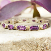 Vintage Sterling Silver Amethyst Tennis Bracelet, Oval Cut Amethyst Stones, Bezel Set Gemstone Bracelet, Signed INDO KC 925, 8" Long