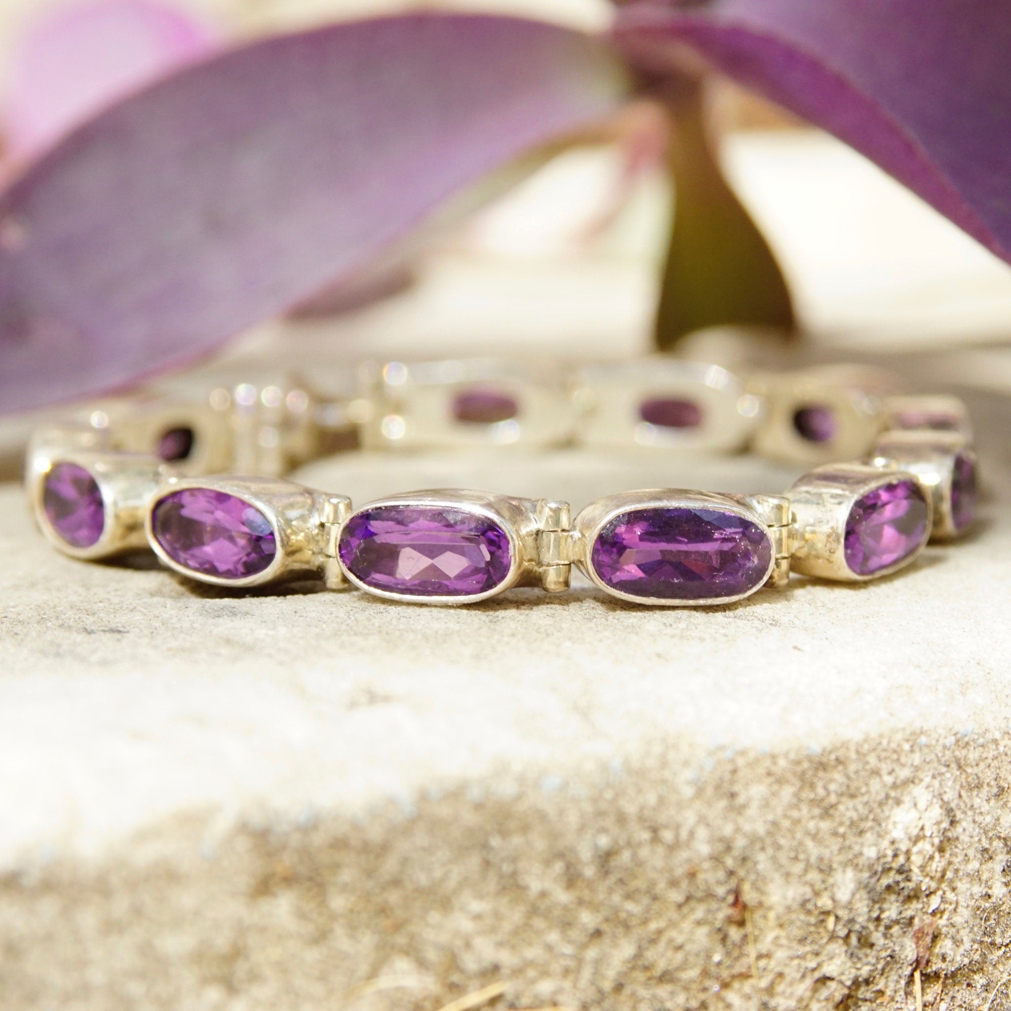 Vintage Sterling Silver Amethyst Tennis Bracelet, Oval Cut Amethyst Stones, Bezel Set Gemstone Bracelet, Signed INDO KC 925, 8" Long