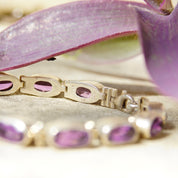 Vintage Sterling Silver Amethyst Tennis Bracelet, Oval Cut Amethyst Stones, Bezel Set Gemstone Bracelet, Signed INDO KC 925, 8" Long