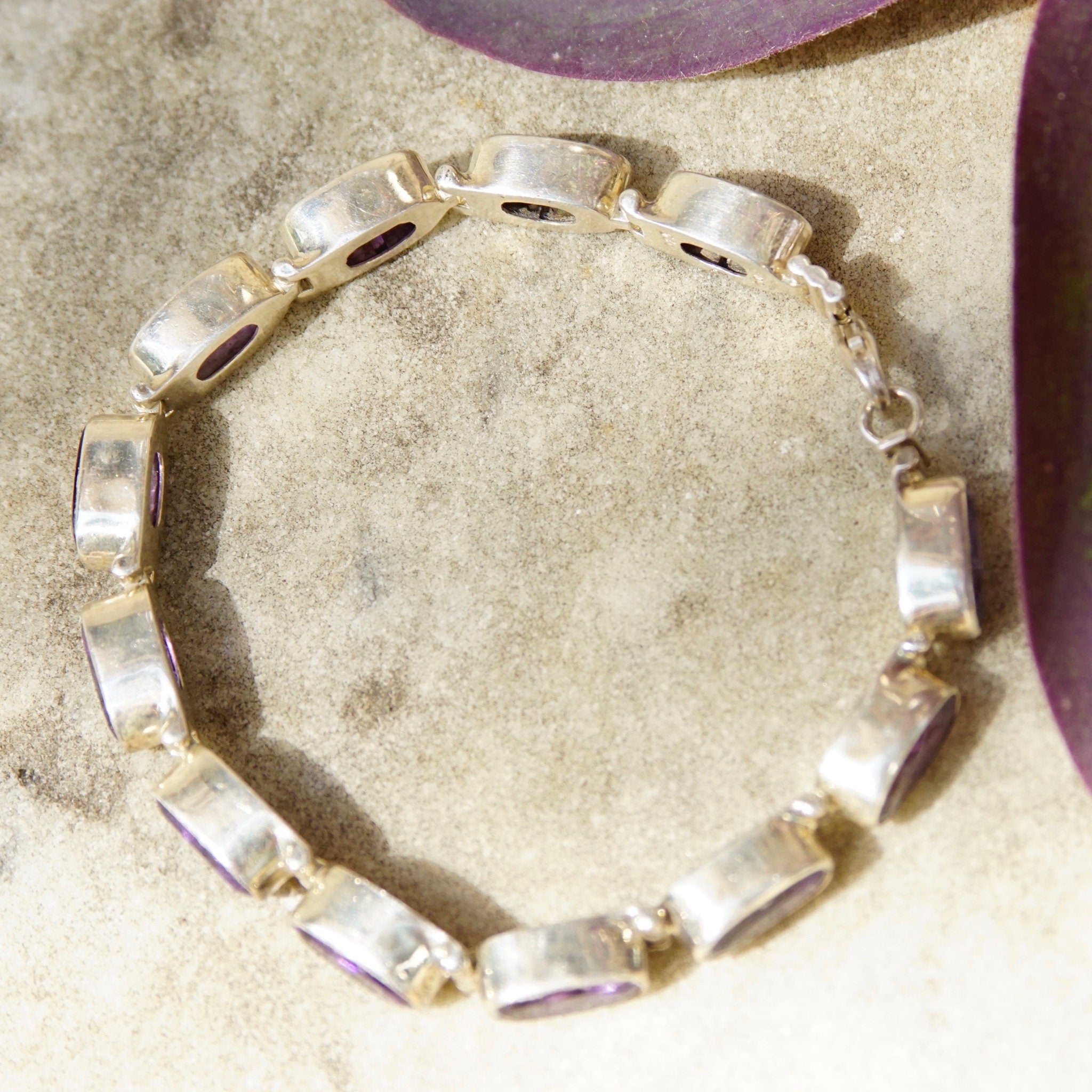 Vintage Sterling Silver Amethyst Tennis Bracelet, Oval Cut Amethyst Stones, Bezel Set Gemstone Bracelet, Signed INDO KC 925, 8" Long