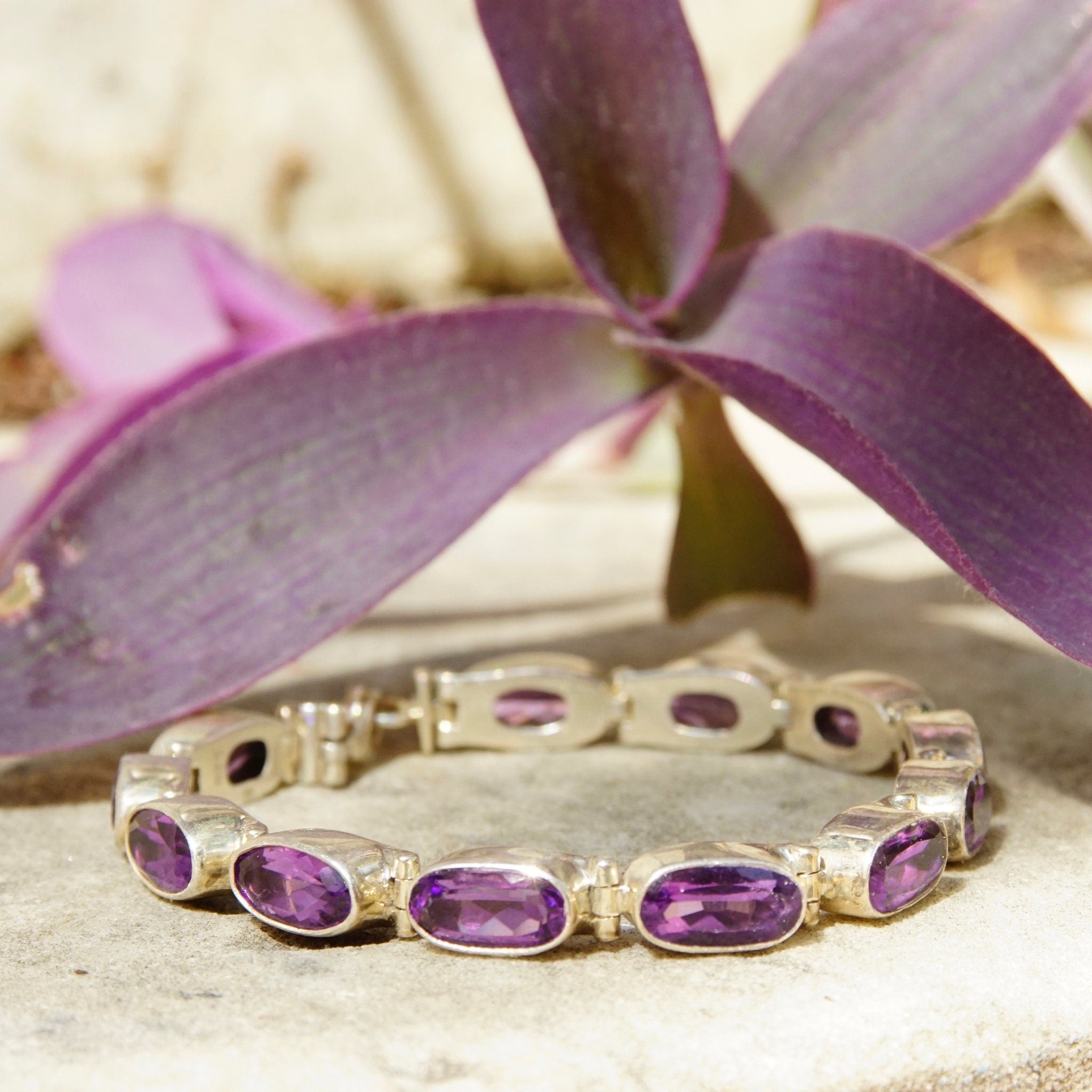 Vintage Sterling Silver Amethyst Tennis Bracelet, Oval Cut Amethyst Stones, Bezel Set Gemstone Bracelet, Signed INDO KC 925, 8" Long