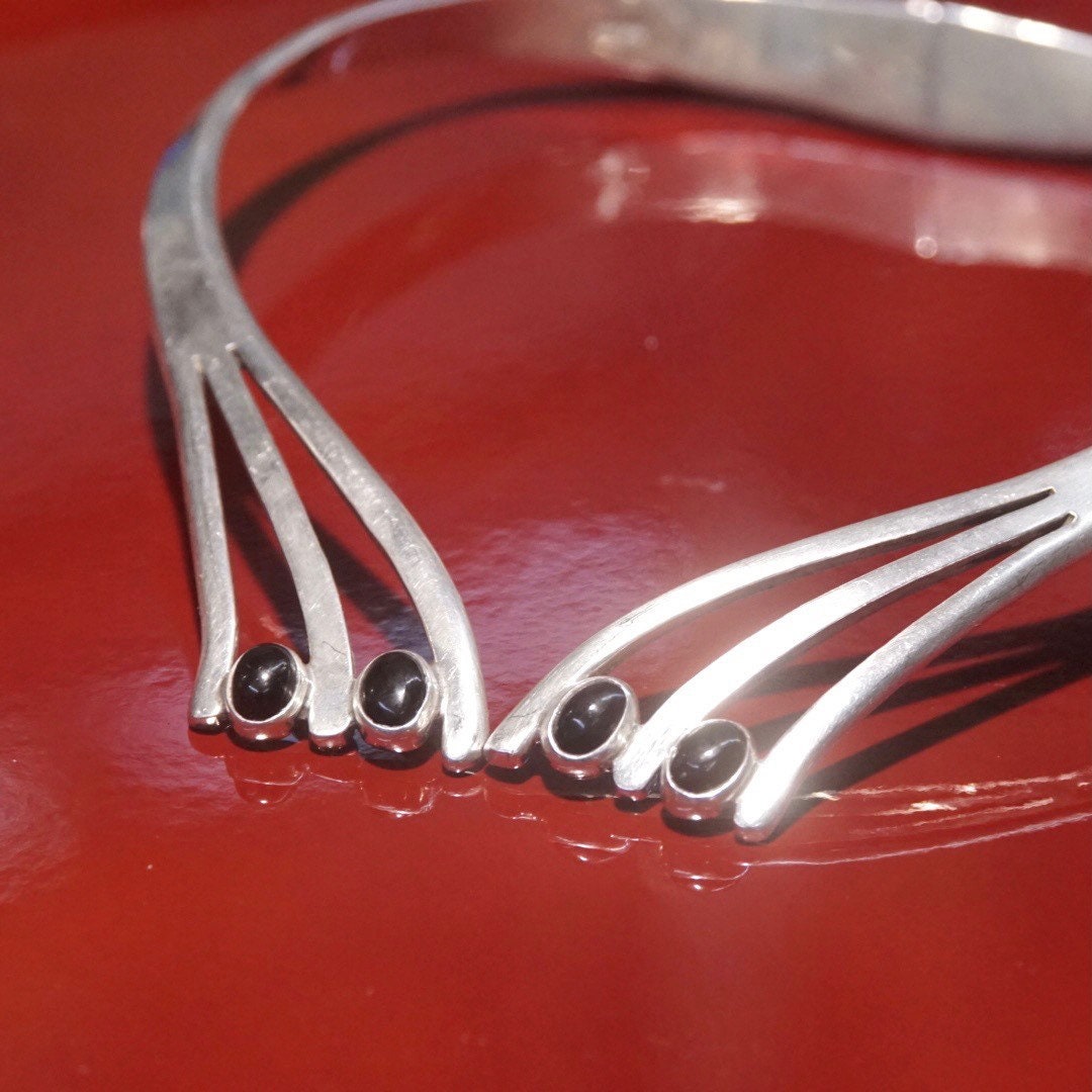 Vintage Modernist Sterling Silver Onyx Collar Necklace, Hinged Silver Choker, Black Onyx Stones, Statement Necklace, TAXCO 925 Mexico