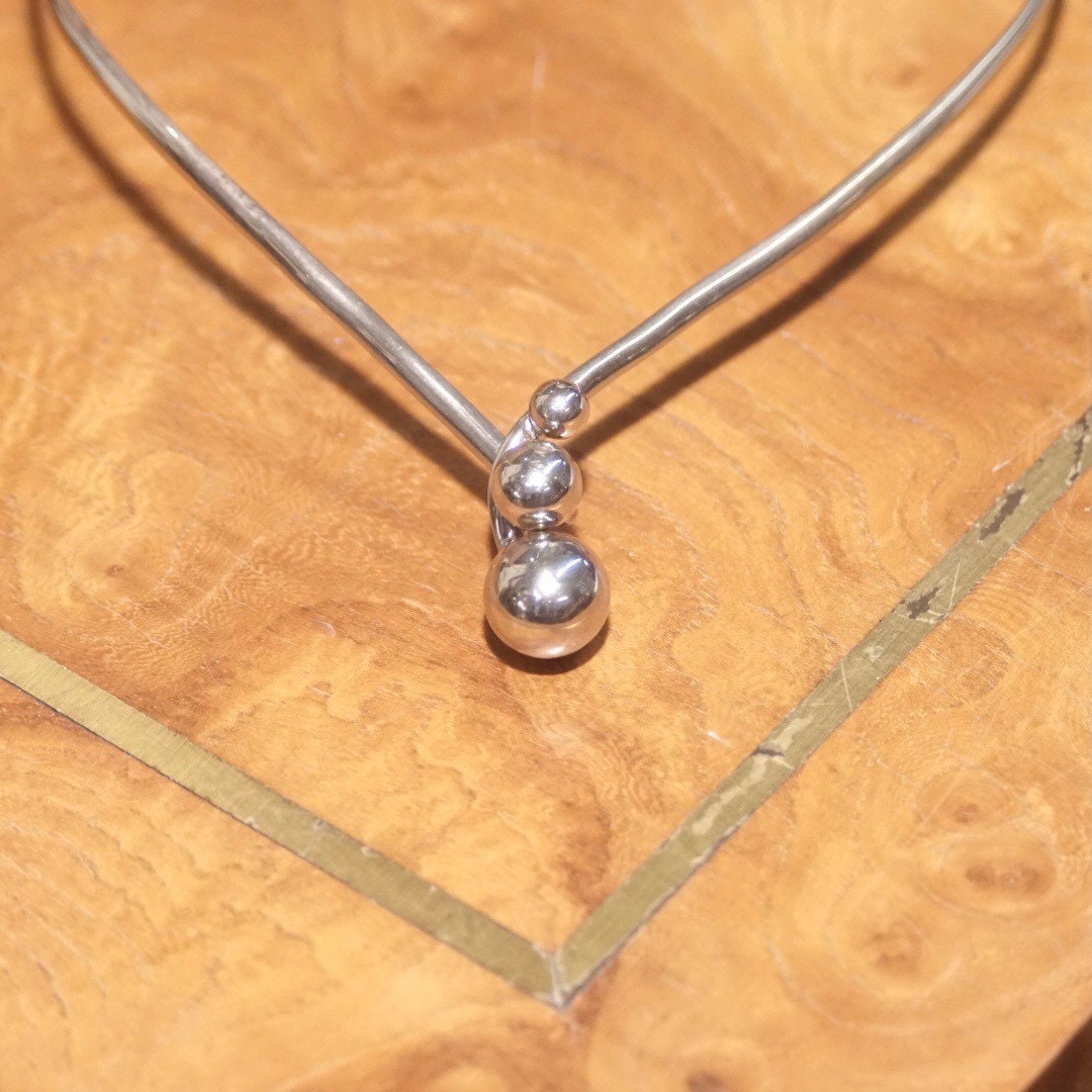 Vintage Modernist Sterling Silver Collar Necklace, Silver Wrap Choker With Interlocking Bead Pendant, Minimalist Statement Necklace