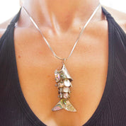Vintage Articulated Abalone & Silver Fish Bottle Opener/Pendant, Iridescent Shell Inlay, Key Chain Bottle Opener, 3D Fish Pendant