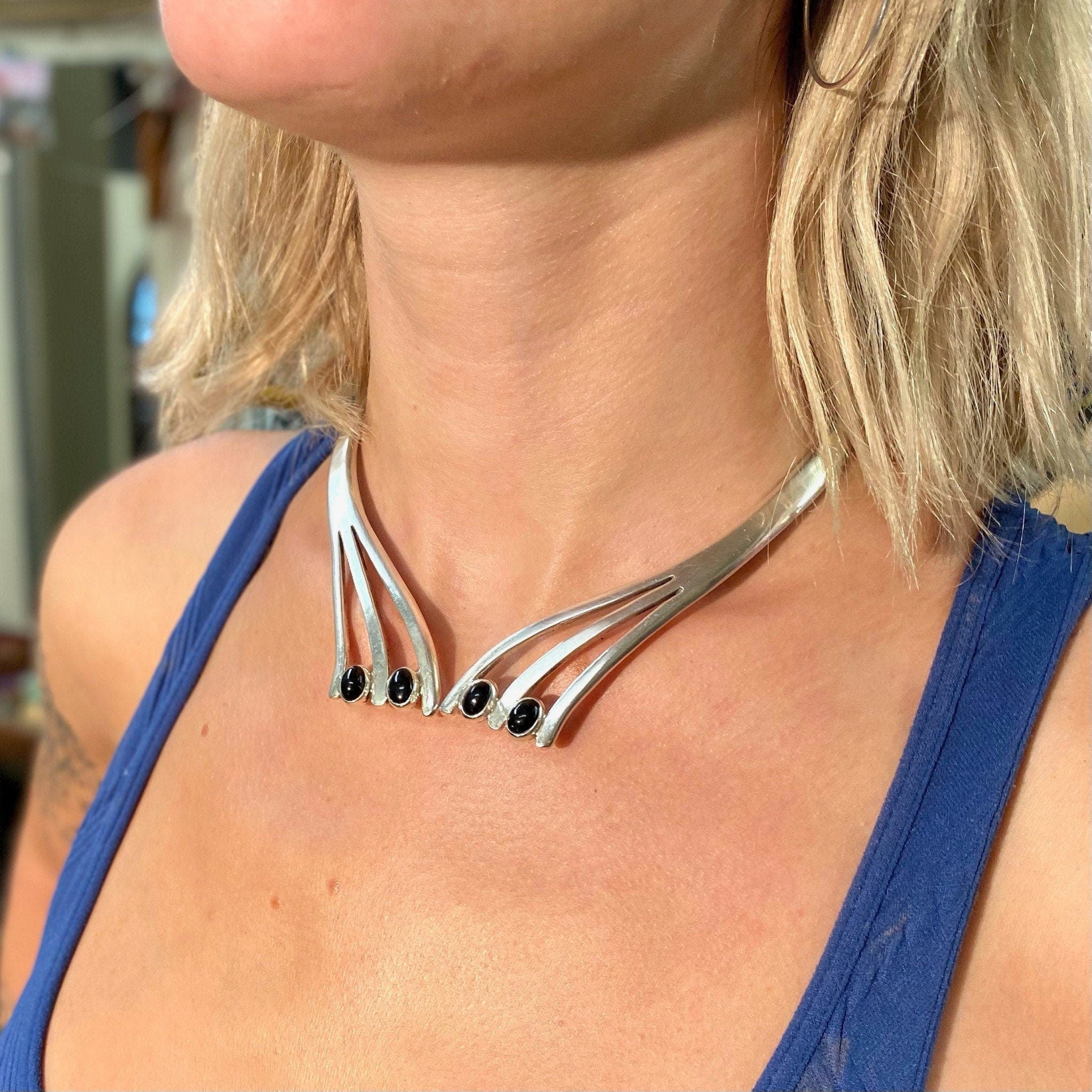 Vintage Modernist Sterling Silver Onyx Collar Necklace, Hinged Silver Choker, Black Onyx Stones, Statement Necklace, TAXCO 925 Mexico