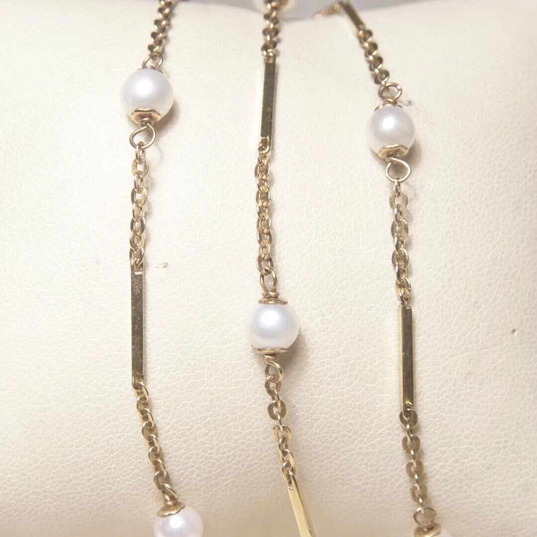 Vintage 14K Gold Bar Cultured Pearl Station Necklace, Yellow Gold & White Pearl, 1mm Cable Chain, 5mm Pearls, 585 Jewelry, 23 Long