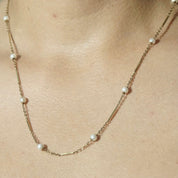 Vintage 14K Gold Bar Cultured Pearl Station Necklace, Yellow Gold & White Pearl, 1mm Cable Chain, 5mm Pearls, 585 Jewelry, 23 Long