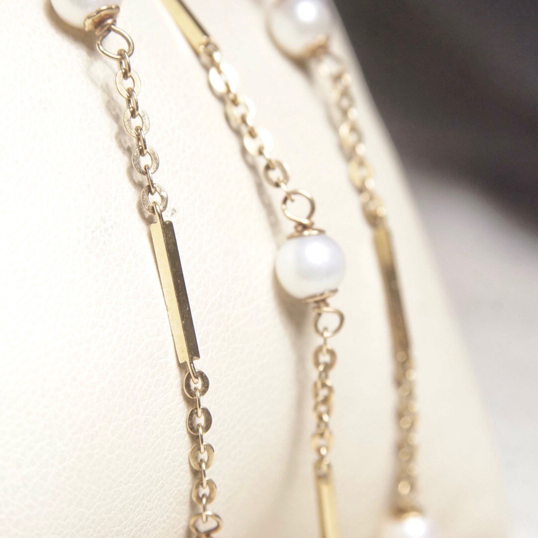 Vintage 14K Gold Bar Cultured Pearl Station Necklace, Yellow Gold & White Pearl, 1mm Cable Chain, 5mm Pearls, 585 Jewelry, 23 Long