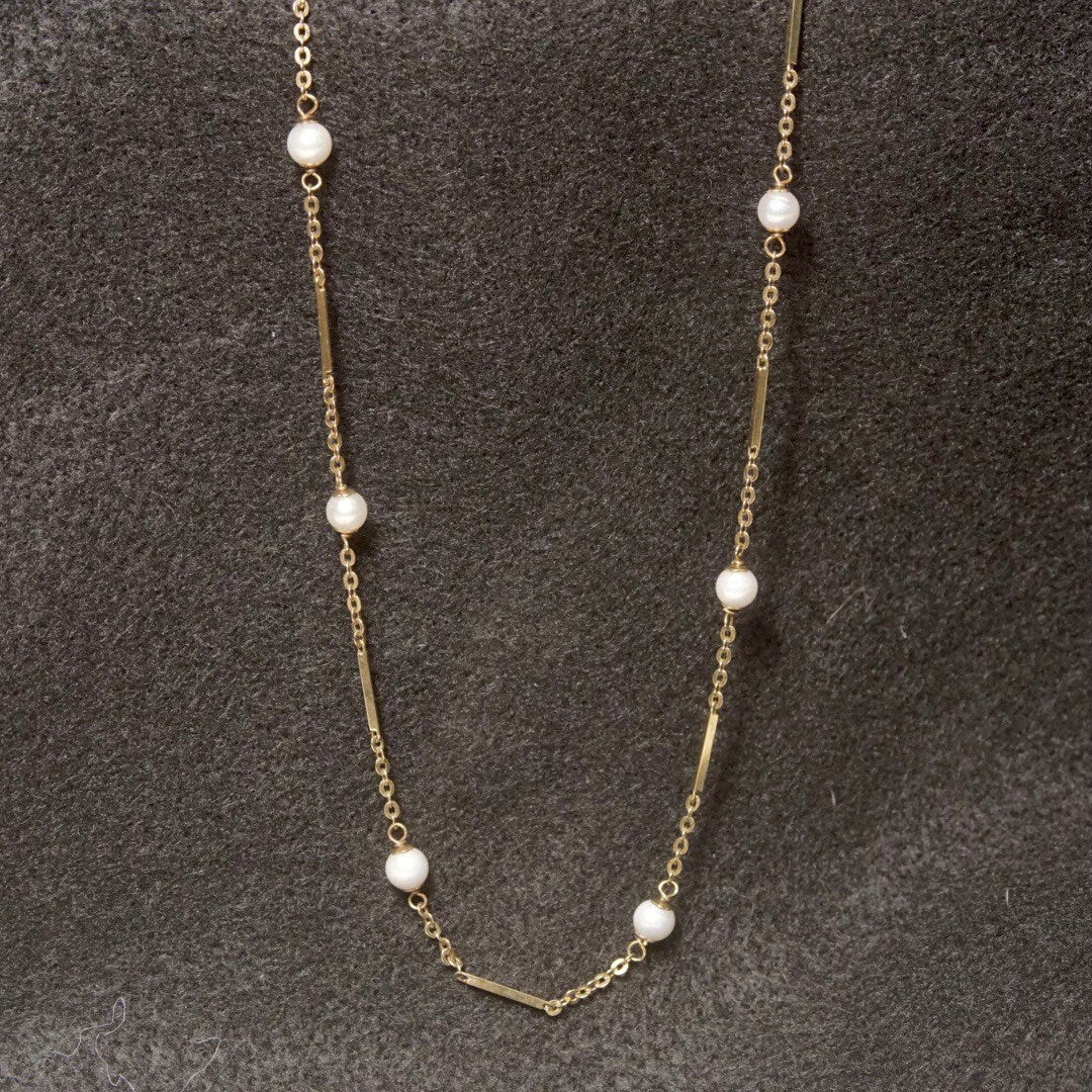 Vintage 14K Gold Bar Cultured Pearl Station Necklace, Yellow Gold & White Pearl, 1mm Cable Chain, 5mm Pearls, 585 Jewelry, 23 Long