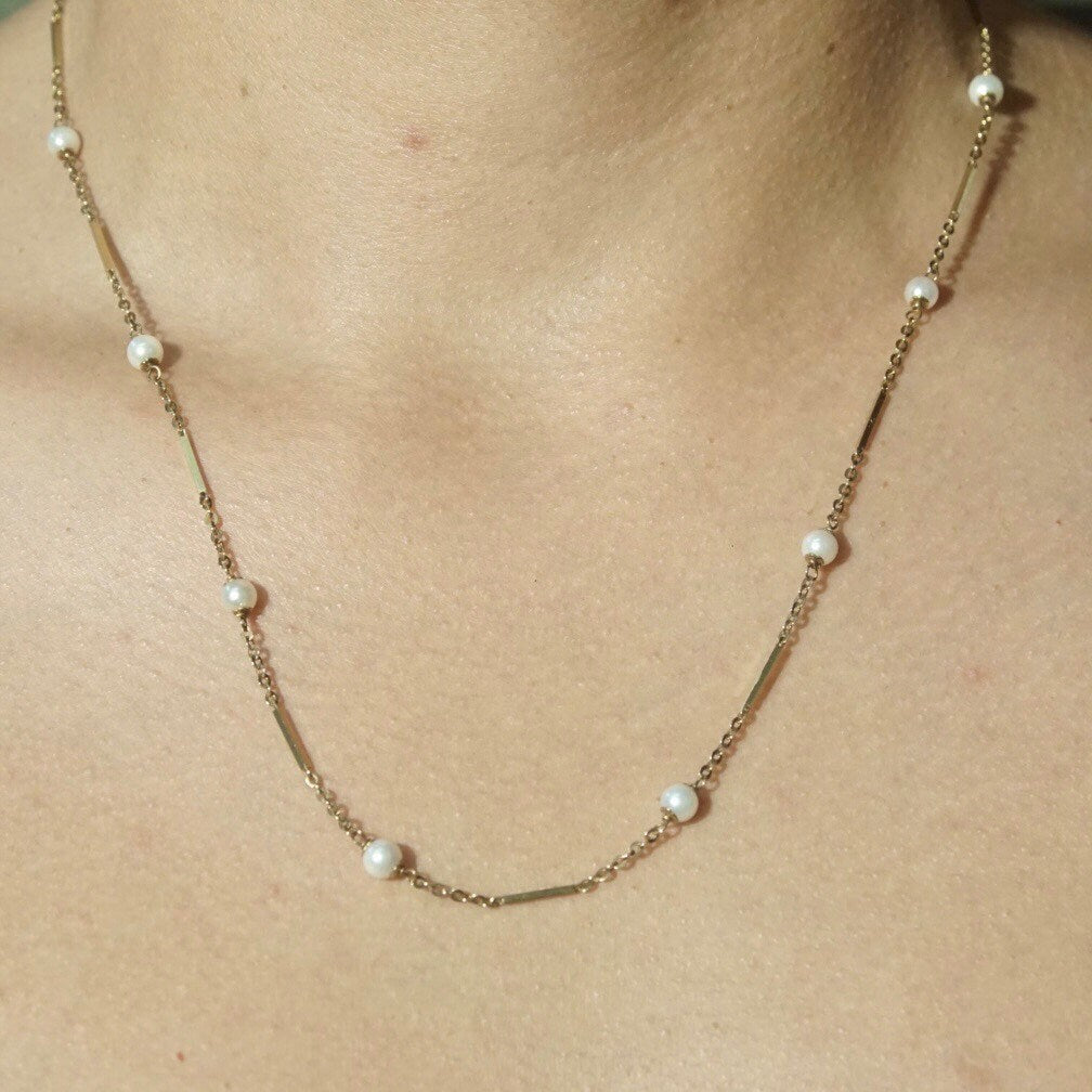 Vintage 14K Gold Bar Cultured Pearl Station Necklace, Yellow Gold & White Pearl, 1mm Cable Chain, 5mm Pearls, 585 Jewelry, 23 Long