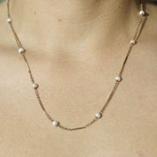 Vintage 14K Gold Bar Cultured Pearl Station Necklace, Yellow Gold & White Pearl, 1mm Cable Chain, 5mm Pearls, 585 Jewelry, 23 Long