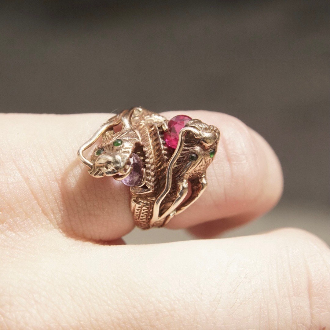 Antique 14K Gold Dragon Ring, Ruby, Emerald, Alexandrite Gemstones, Rare Vintage Chinese Dragons Ring, Nose Dragon Hallmark, Size 5 US