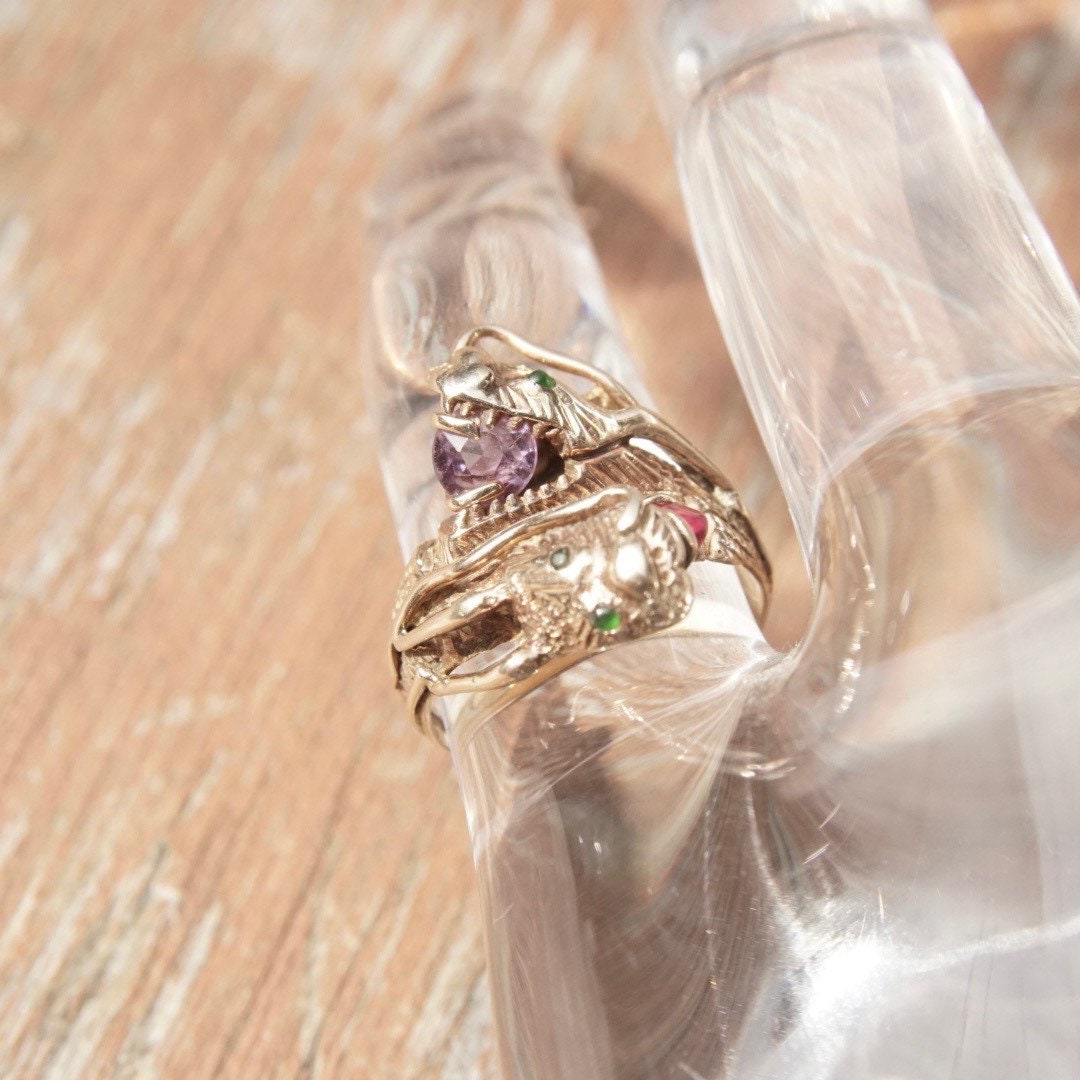 Antique 14K Gold Dragon Ring, Ruby, Emerald, Alexandrite Gemstones, Rare Vintage Chinese Dragons Ring, Nose Dragon Hallmark, Size 5 US