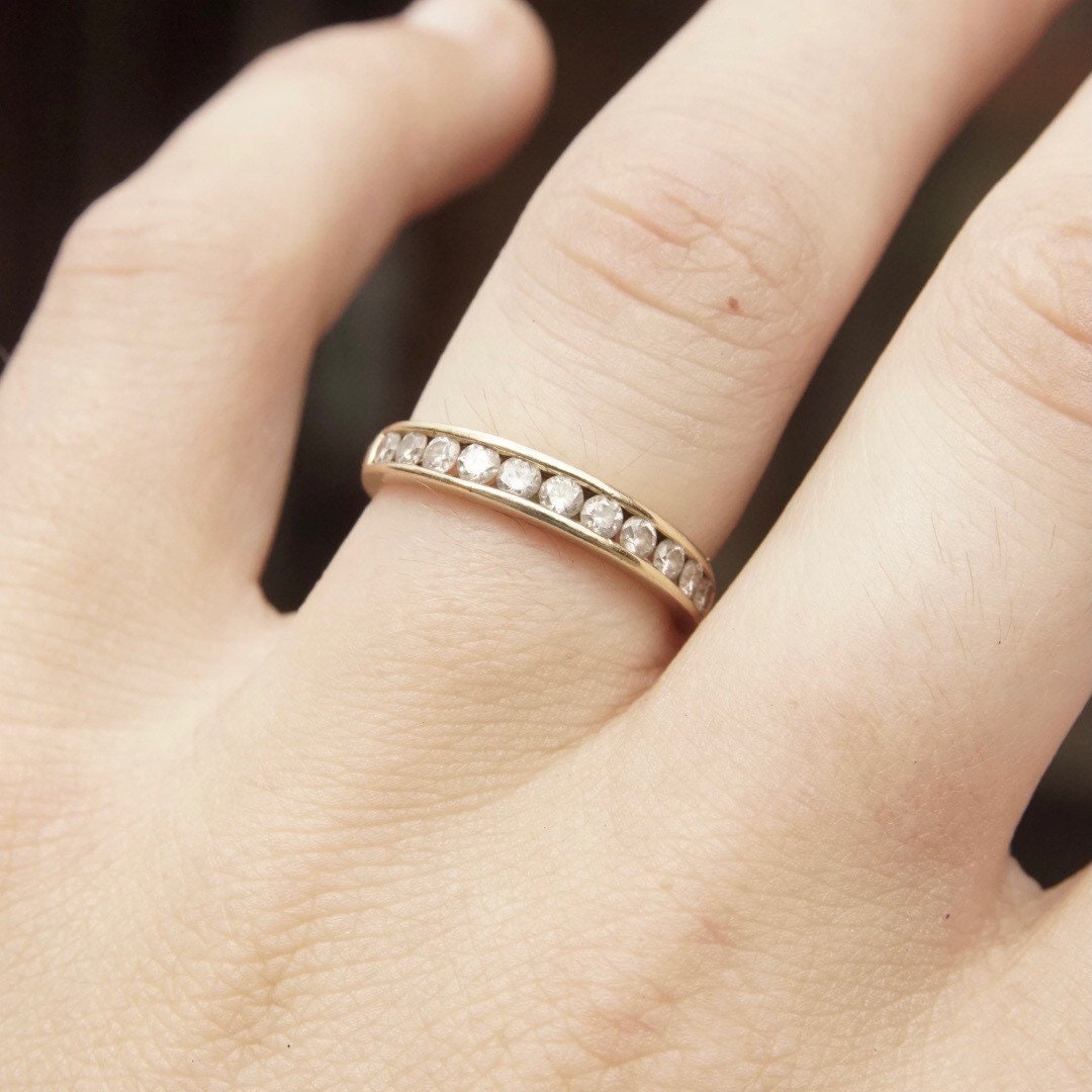 Vintage 10K Gold Diamond Pave Band Ring, Half Eternity Wedding Ring, 11 Round Cut Diamonds, 1/32 CT, Yellow Gold Band, Size 7 US