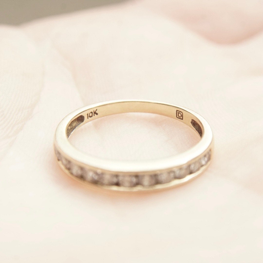 Vintage 10K Gold Diamond Pave Band Ring, Half Eternity Wedding Ring, 11 Round Cut Diamonds, 1/32 CT, Yellow Gold Band, Size 7 US