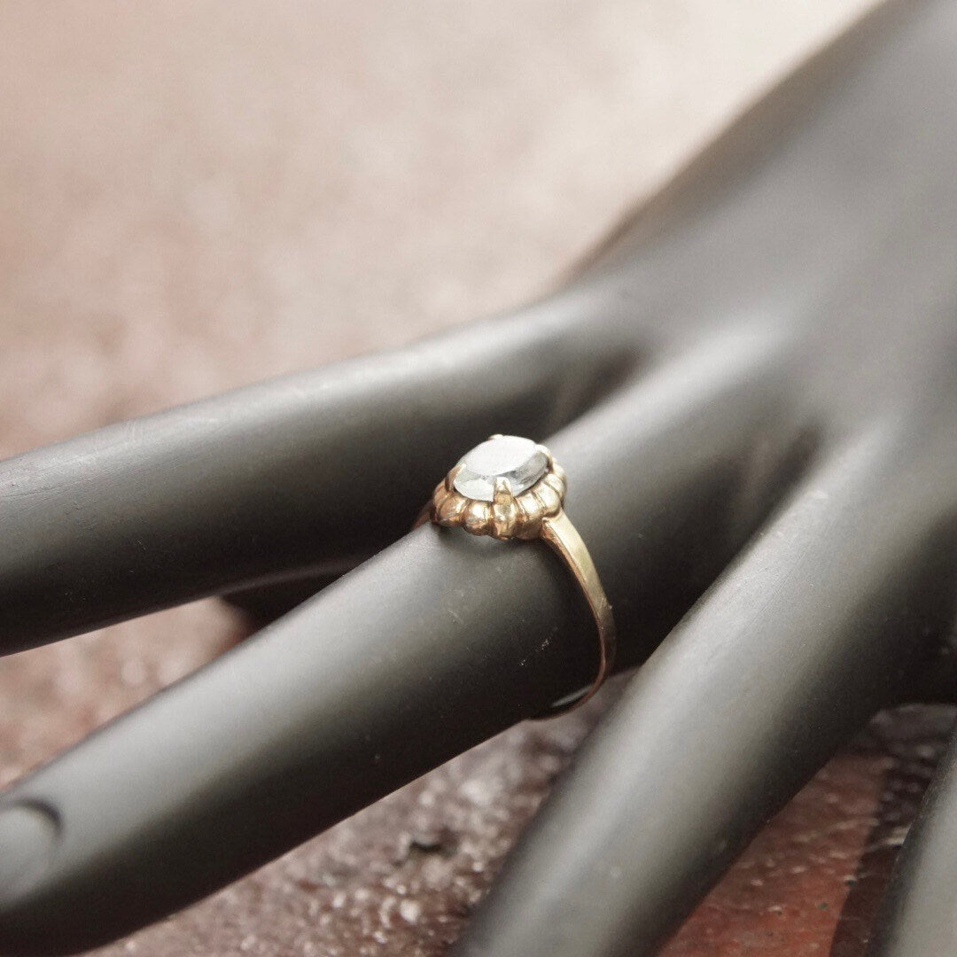 Vintage 10K Gold Aquamarine Glass Ring, Petite Yellow Gold Ring, Light Blue Oval Cut Stone, Gold Petal Setting, Size 6 1/4 US