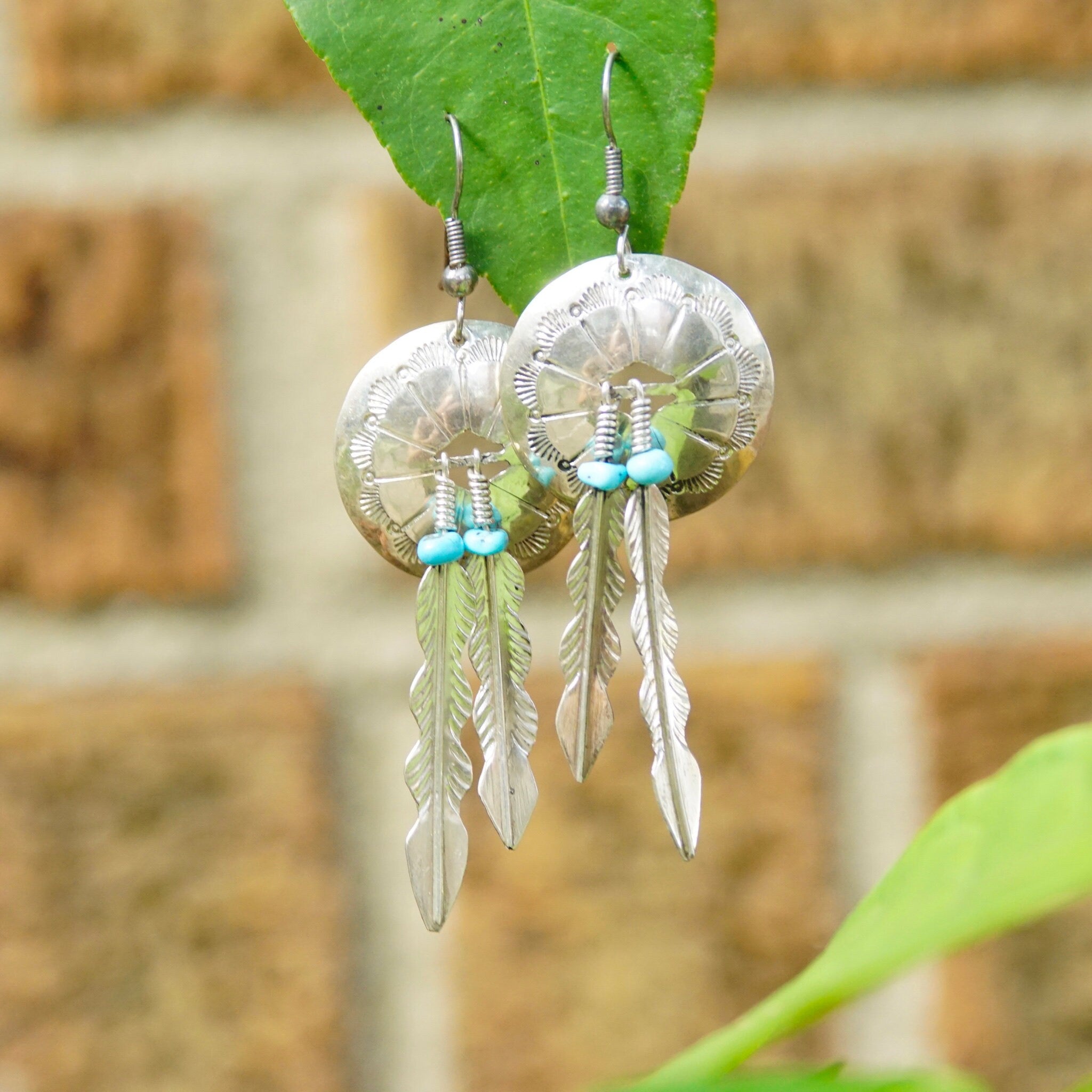 Vintage Native American Sterling Silver & Turquoise Concho Feather Earrings, Hammered Silver, Blue Turquoise Beads, Dangle Earrings, 3" Long