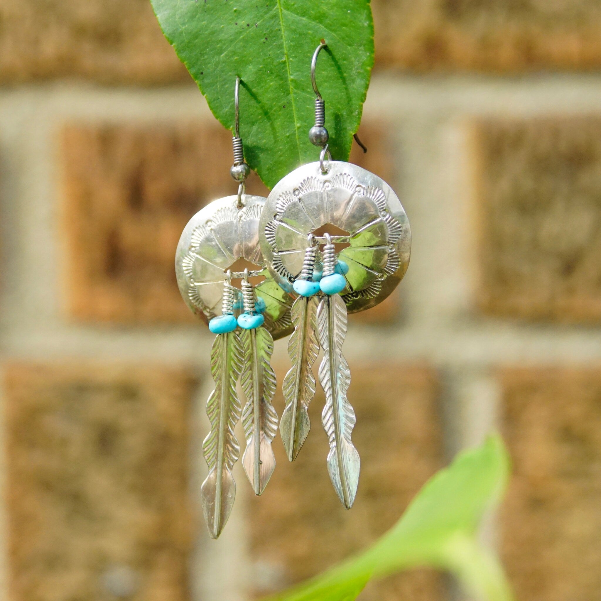 Vintage Native American Sterling Silver & Turquoise Concho Feather Earrings, Hammered Silver, Blue Turquoise Beads, Dangle Earrings, 3" Long