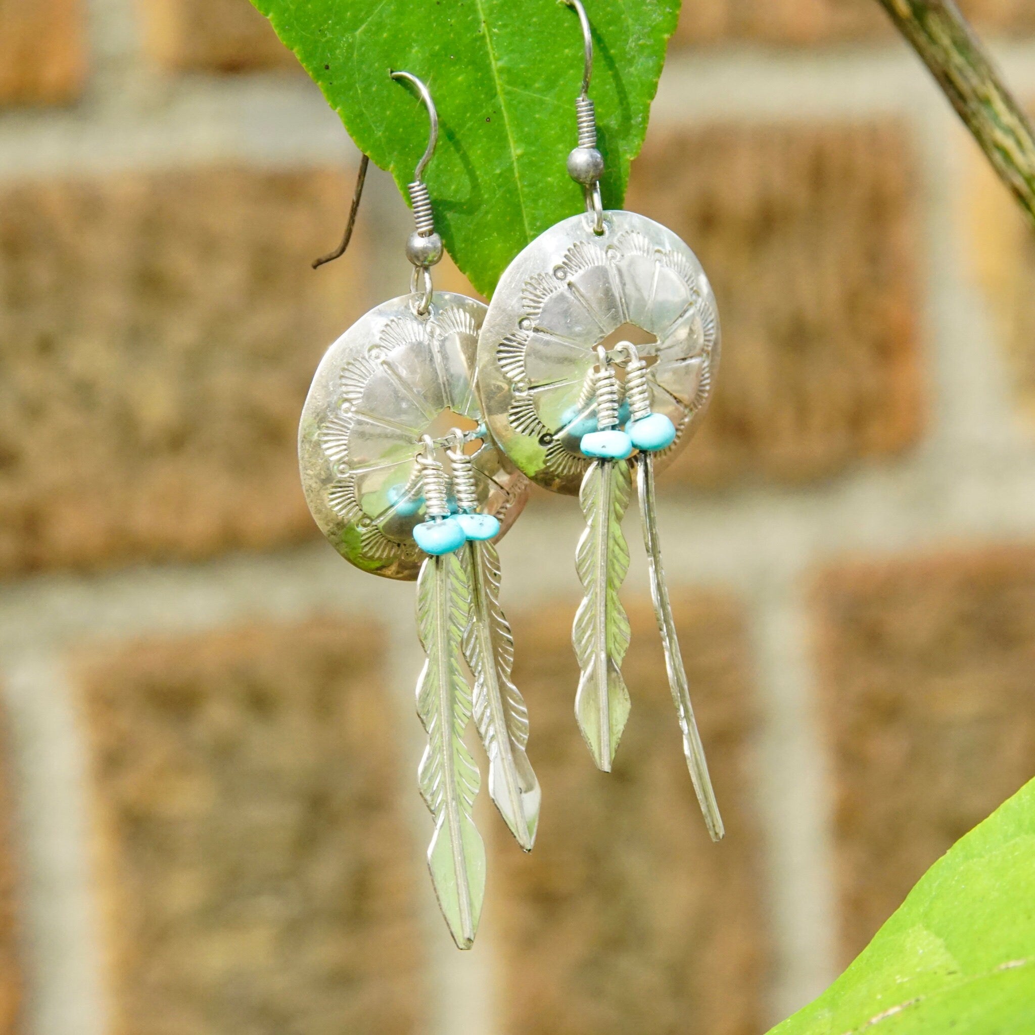 Vintage Native American Sterling Silver & Turquoise Concho Feather Earrings, Hammered Silver, Blue Turquoise Beads, Dangle Earrings, 3" Long