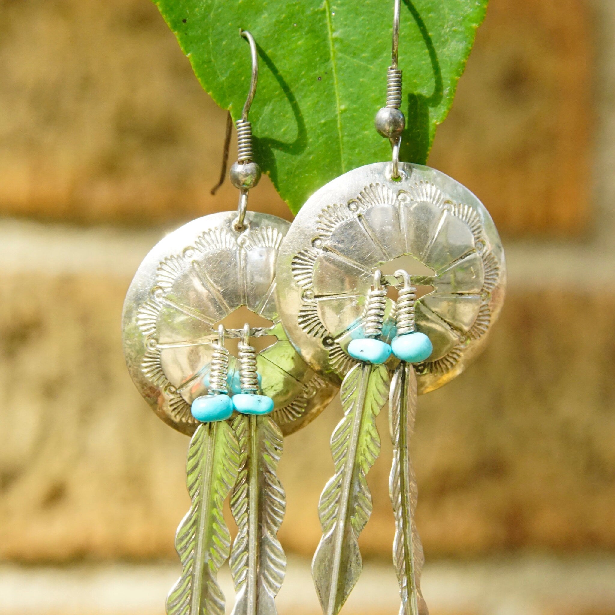 Vintage Native American Sterling Silver & Turquoise Concho Feather Earrings, Hammered Silver, Blue Turquoise Beads, Dangle Earrings, 3" Long