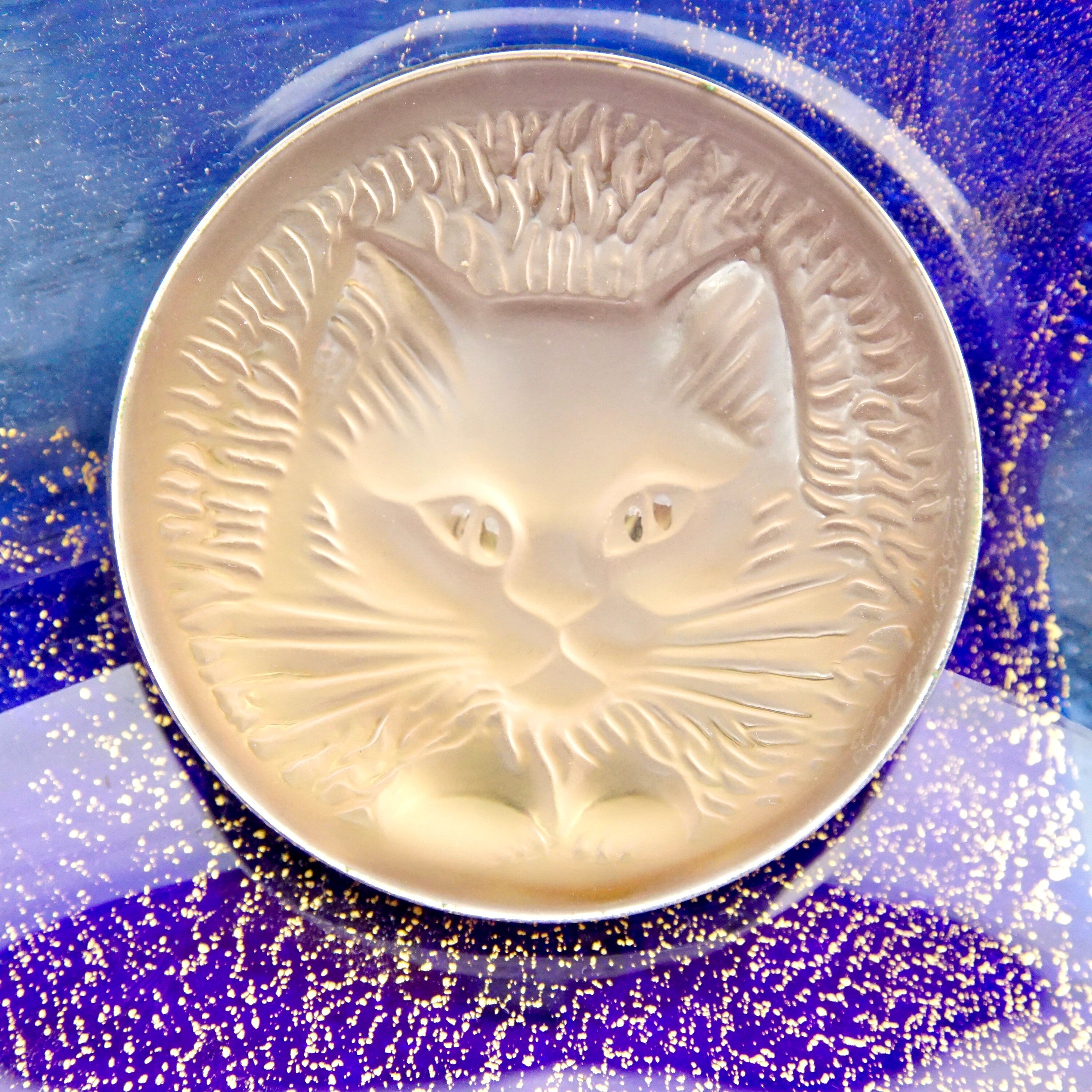 Vintage Signed Lalique France Frosted Crystal Cat Brooch, Engraved Glass Dome Cat Pin, Orange Hue, Silver Backing, Cat Lover Jewelry