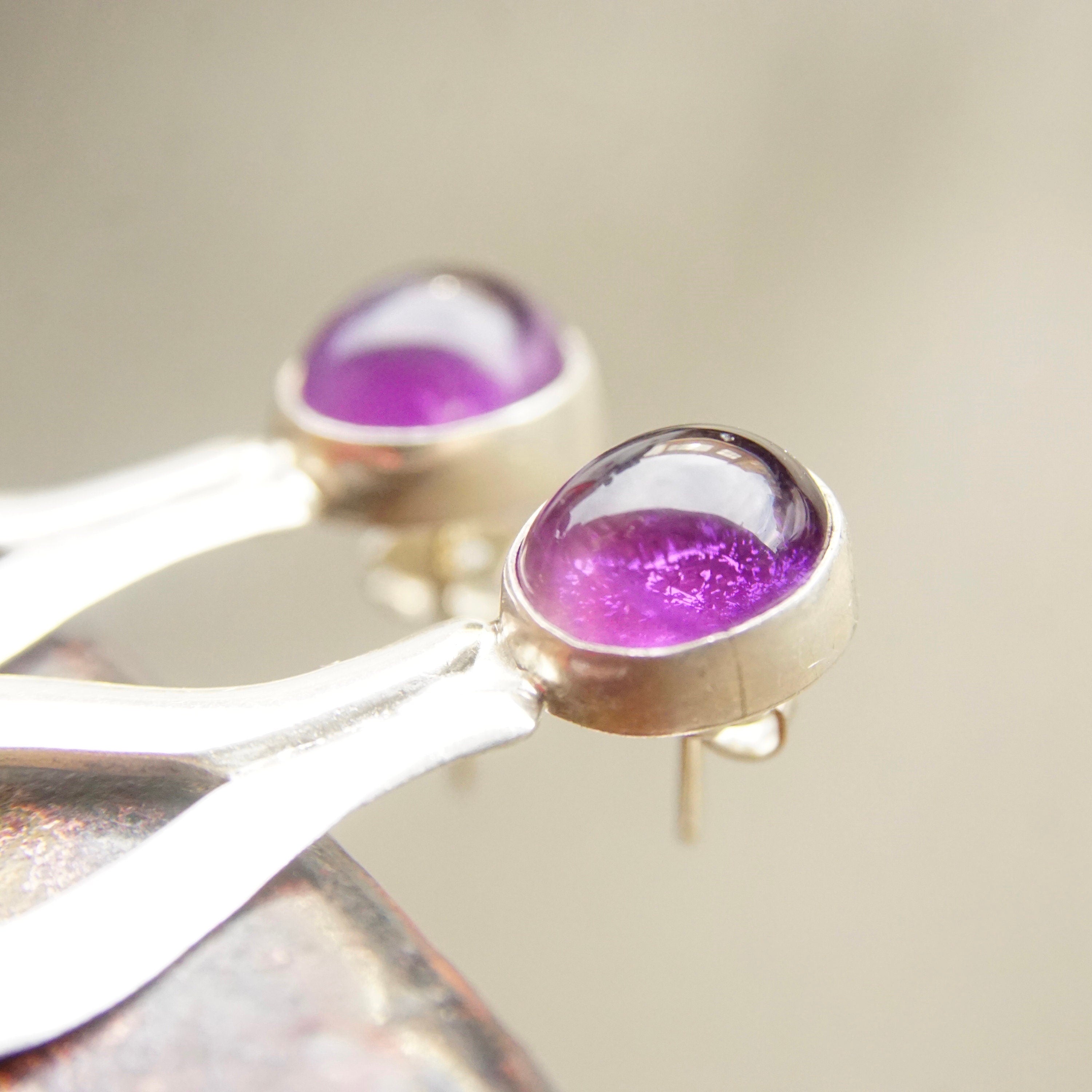 Vintage Sterling Silver Amethyst Dangle Stud Earrings, Teardrop Link Earrings, Purple Gemstone, Modernist, Statement Earrings, 2 7/8" L