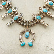 Vintage Petite/Baby Native American Squash Blossom Necklace, Hammered Silver & Turquoise Stones, Naja Pendant, Old Pawn Jewelry
