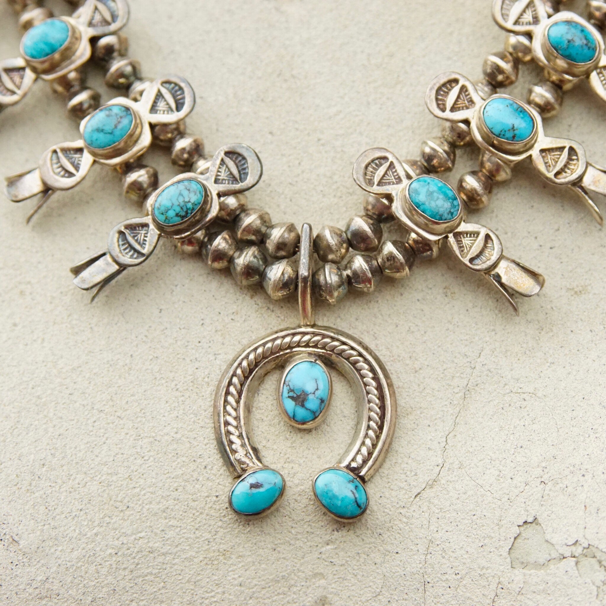 Vintage Petite/Baby Native American Squash Blossom Necklace, Hammered Silver & Turquoise Stones, Naja Pendant, Old Pawn Jewelry