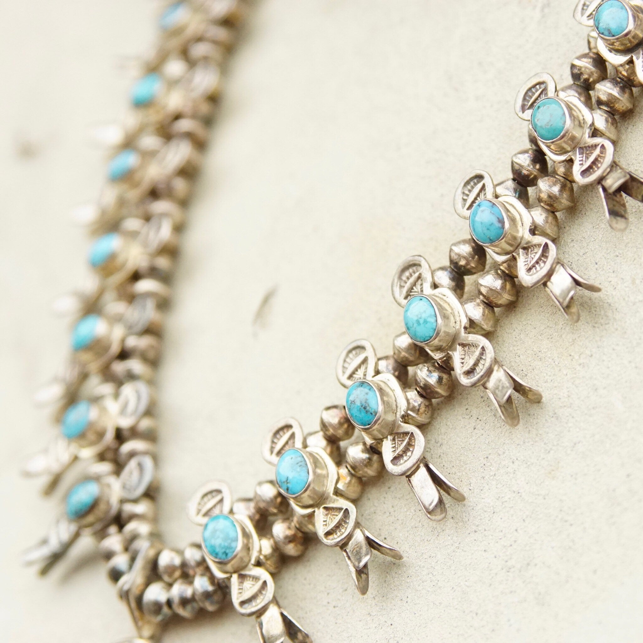 Vintage Petite/Baby Native American Squash Blossom Necklace, Hammered Silver & Turquoise Stones, Naja Pendant, Old Pawn Jewelry