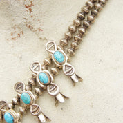Vintage Petite/Baby Native American Squash Blossom Necklace, Hammered Silver & Turquoise Stones, Naja Pendant, Old Pawn Jewelry