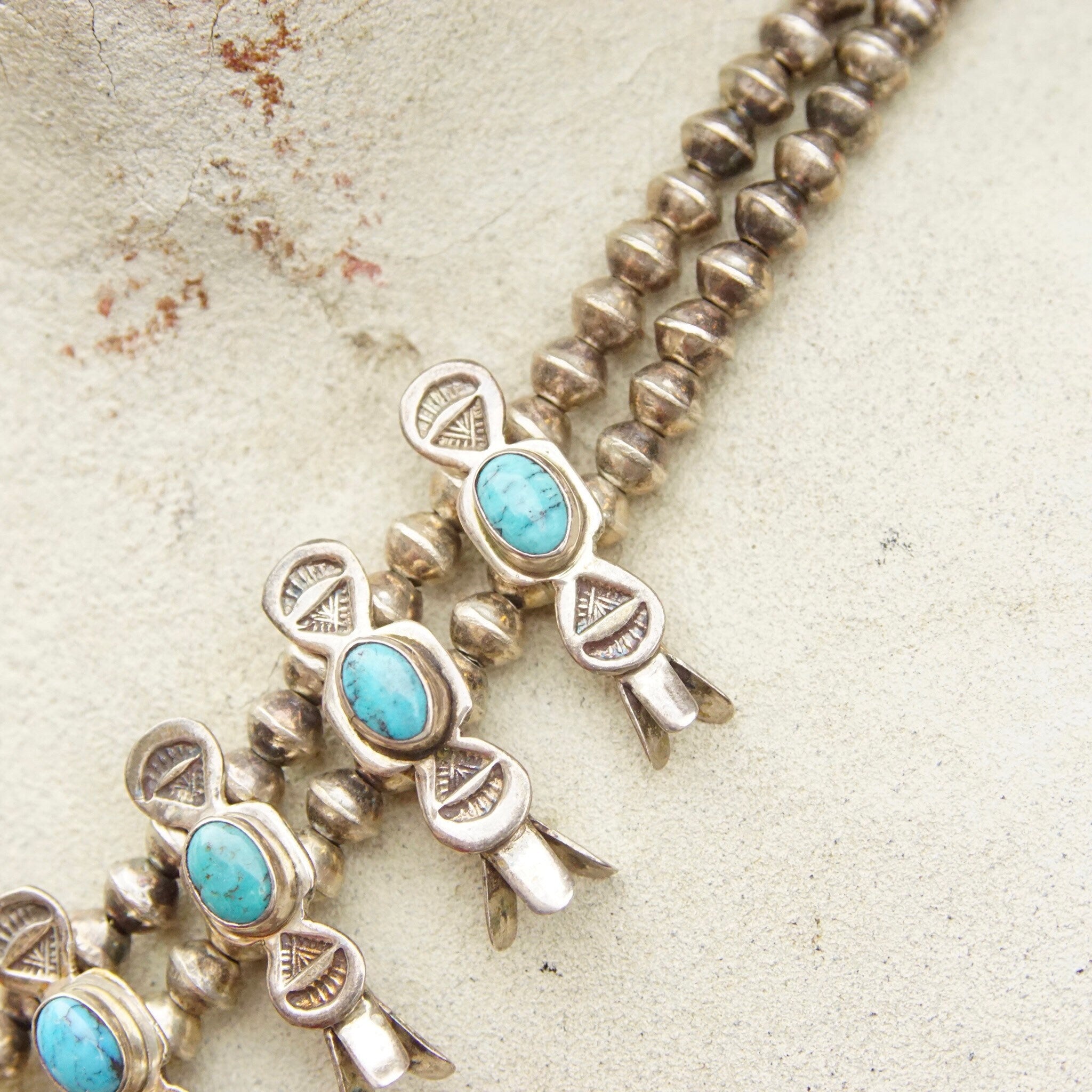 Vintage Petite/Baby Native American Squash Blossom Necklace, Hammered Silver & Turquoise Stones, Naja Pendant, Old Pawn Jewelry