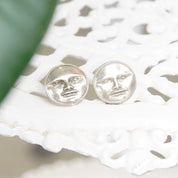 Vintage Signed Tabra 925 Moon Face Earrings, Small Sterling Silver Disc Stud Earrings, Moon God/Goddess, Unique Jewelry, 3/4 Diameter