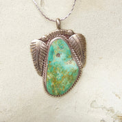 Vintage Signed RVT Native American  Turquoise Pendant, Large Turquoise Stone With Silver Leaf Setting, Navajo Handmade Pendant, 925