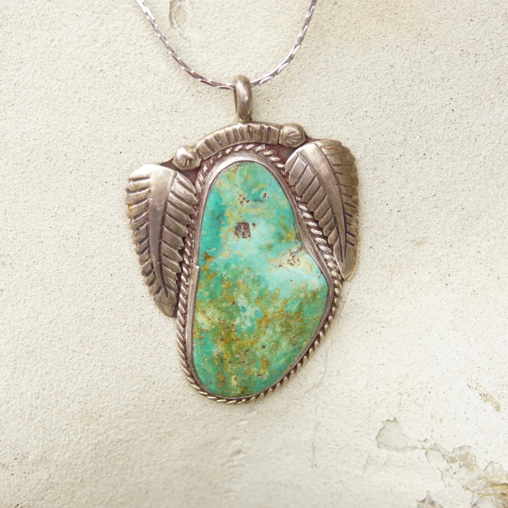 Vintage Signed RVT Native American  Turquoise Pendant, Large Turquoise Stone With Silver Leaf Setting, Navajo Handmade Pendant, 925