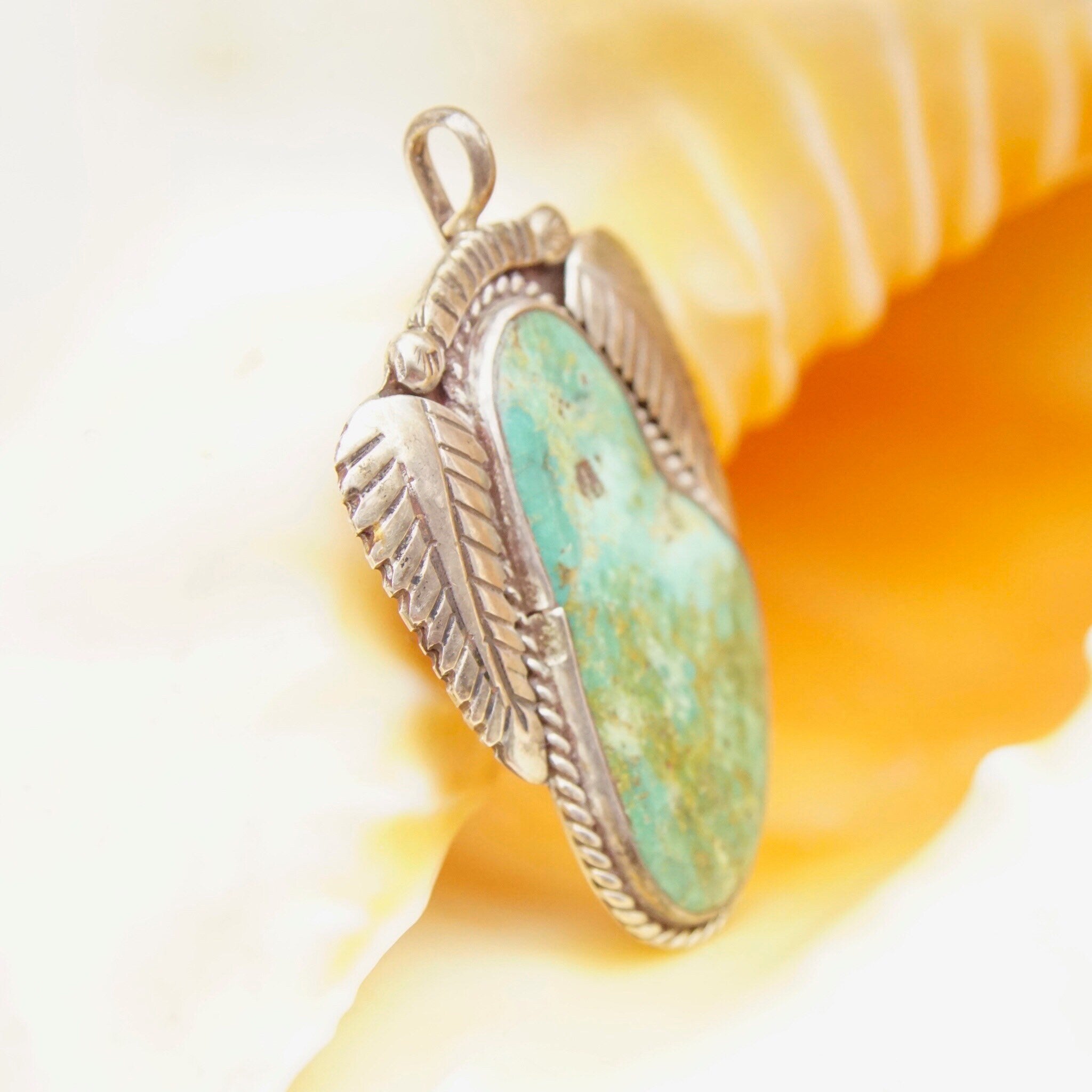 Vintage Signed RVT Native American  Turquoise Pendant, Large Turquoise Stone With Silver Leaf Setting, Navajo Handmade Pendant, 925