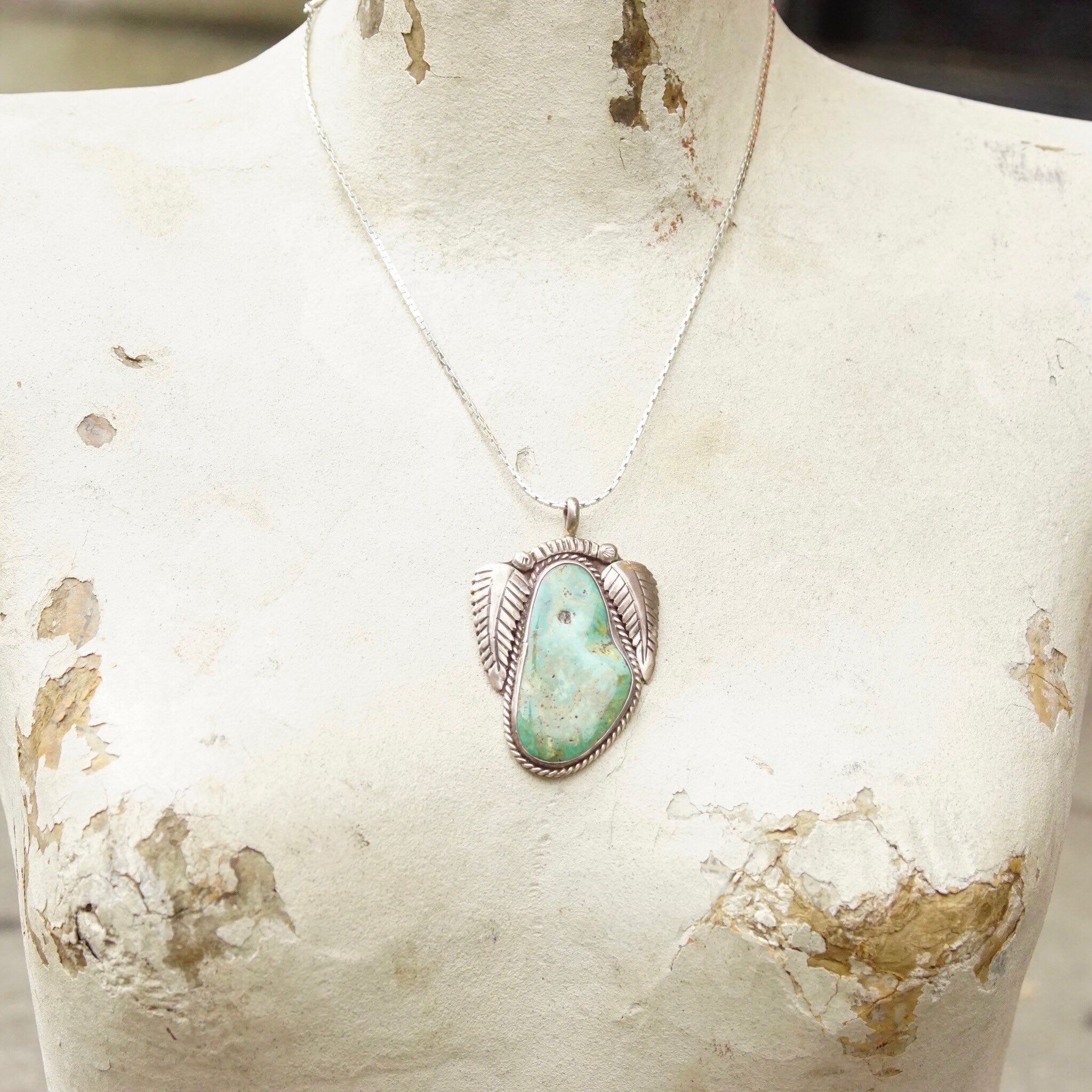 Vintage Signed RVT Native American  Turquoise Pendant, Large Turquoise Stone With Silver Leaf Setting, Navajo Handmade Pendant, 925