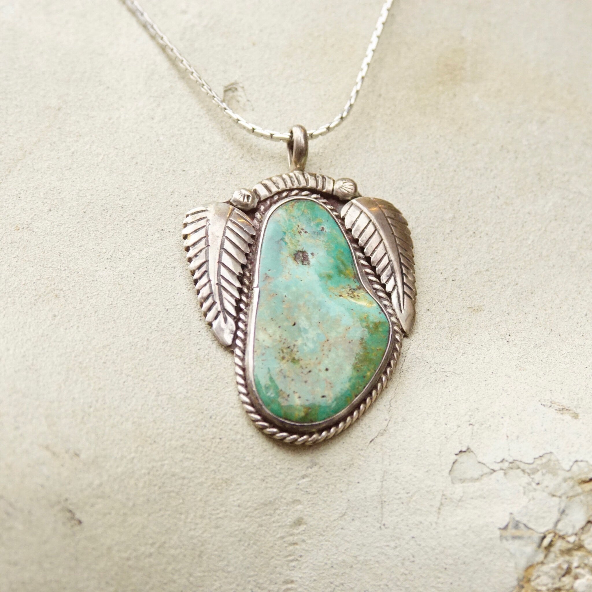 Vintage Signed RVT Native American  Turquoise Pendant, Large Turquoise Stone With Silver Leaf Setting, Navajo Handmade Pendant, 925
