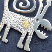 Vintage Signed Leitz 89 Sterling Silver & 24K Gold Monster Brooch, Hammered Silver Pin With Textured Gold Heart, Unique/Abstract Animal Pin