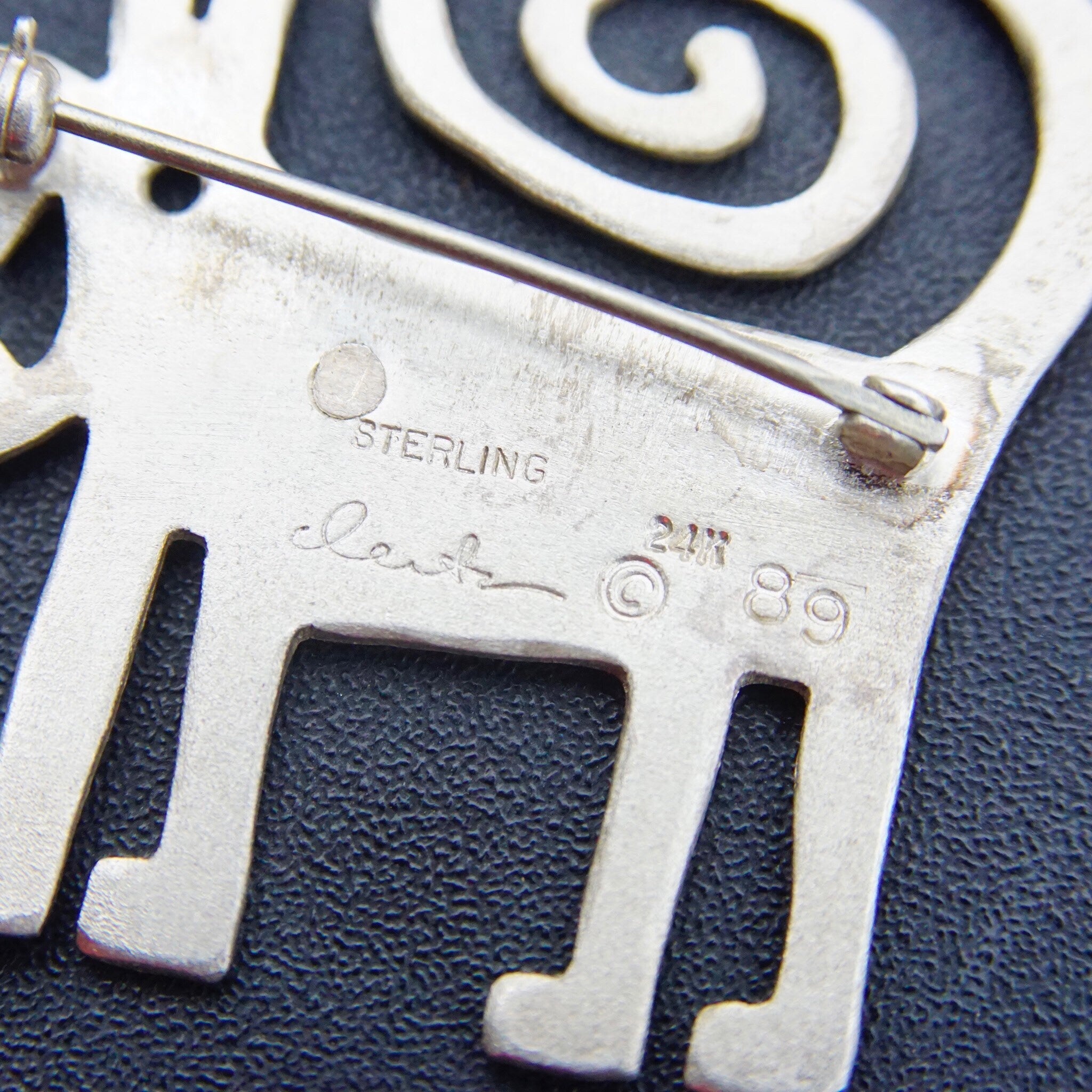 Vintage Signed Leitz 89 Sterling Silver & 24K Gold Monster Brooch, Hammered Silver Pin With Textured Gold Heart, Unique/Abstract Animal Pin
