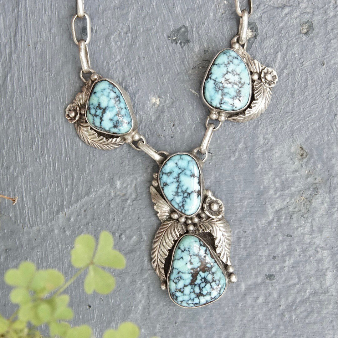 Vintage Signed Tom Willeto Sterling Silver & Turquoise Necklace, Multi-Stone Turquoise Y-Pendant, Adjustable Long Link Cable Chain