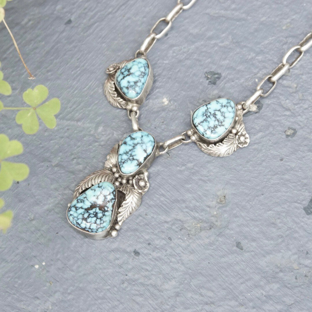 Vintage Signed Tom Willeto Sterling Silver & Turquoise Necklace, Multi-Stone Turquoise Y-Pendant, Adjustable Long Link Cable Chain