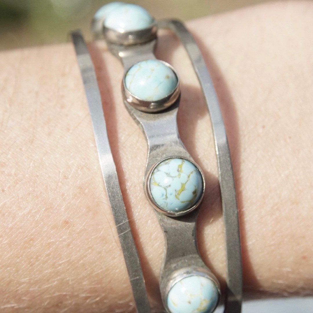Vintage Modernist Sterling Silver Multi-Stone Turquoise Cuff, Silver Cut Out Cuff, New Mexico Turquoise, Hecho En Mexico 925