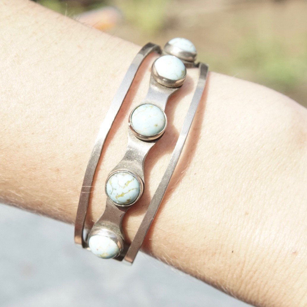 Vintage Modernist Sterling Silver Multi-Stone Turquoise Cuff, Silver Cut Out Cuff, New Mexico Turquoise, Hecho En Mexico 925