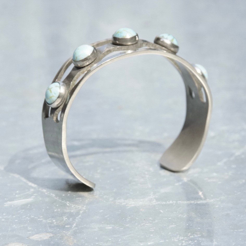 Vintage Modernist Sterling Silver Multi-Stone Turquoise Cuff, Silver Cut Out Cuff, New Mexico Turquoise, Hecho En Mexico 925