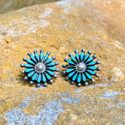 Vintage Zuni Native American Turquoise Needlepoint Earrings, Flower Disc Stud Earrings, Turquoise Cluster Earrings, 7/8