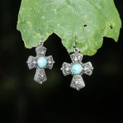 Vintage Silver Faux Turquoise Cross Dangle Earrings, Accent Crystals, Ornate Filigree Cross, New Mexico Turquoise, Fish Hooks, 1 3/4 L