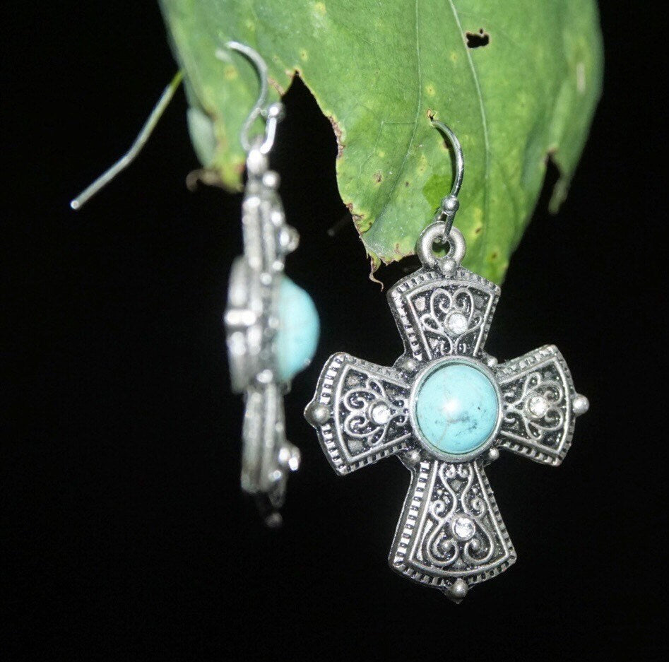 Vintage Silver Faux Turquoise Cross Dangle Earrings, Accent Crystals, Ornate Filigree Cross, New Mexico Turquoise, Fish Hooks, 1 3/4 L
